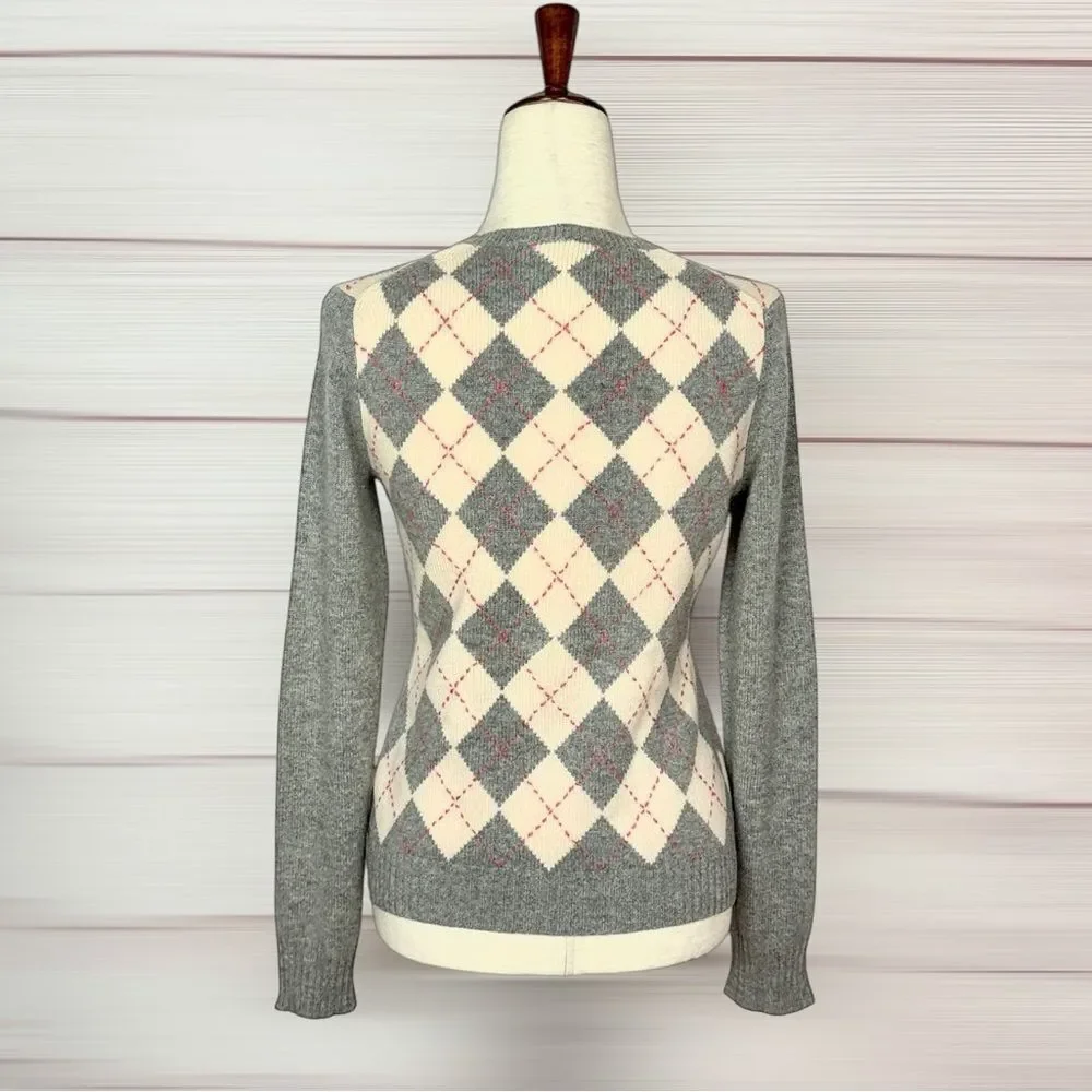 J. Crew Vintage Cashmere Argyle Sweater Gray Cream Crew Neck Classic Women's M